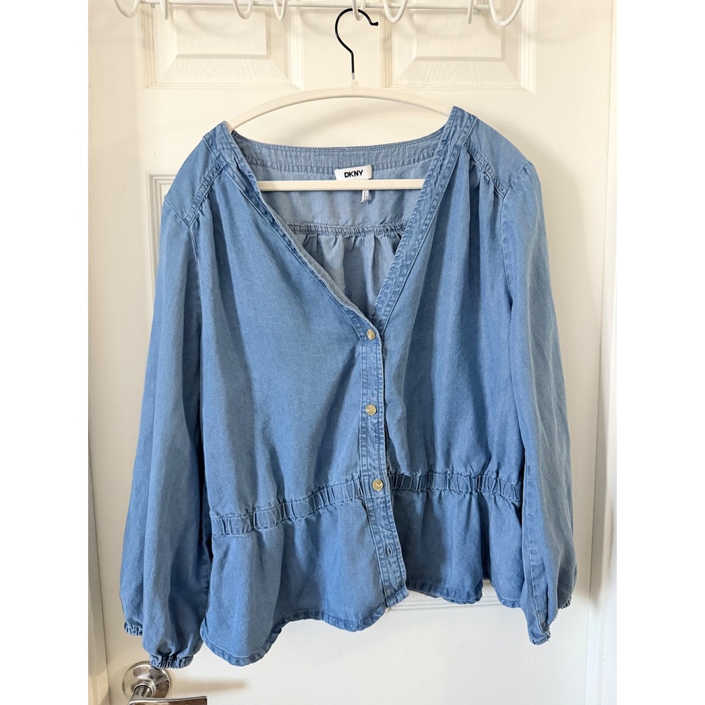 DKNY Womens Blue Chambray Button Down Peplum Top V-Neck Long Sleeve Blouse